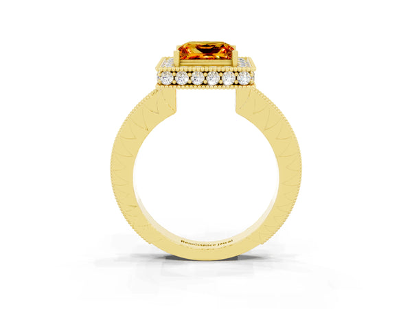 Yellow gold Princess Cut Halo Diamond Engagement Ring with Milgrain Pave Band and Four-Prong Setting