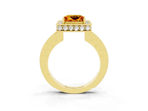 Yellow gold Princess Cut Halo Diamond Engagement Ring with Milgrain Pave Band and Four-Prong Setting_3