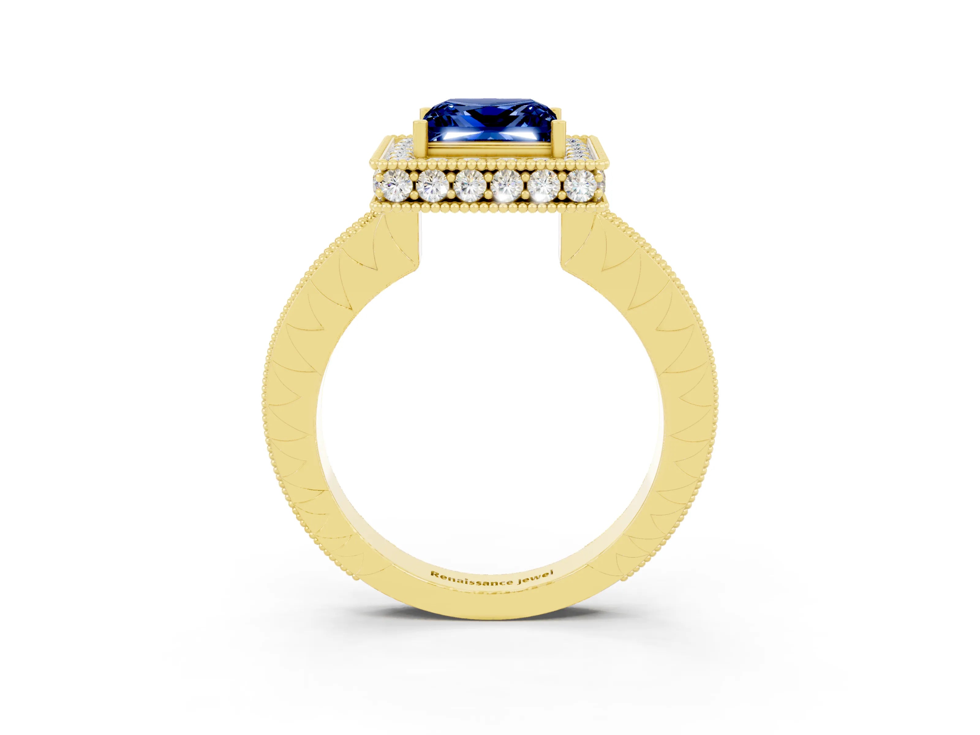 Yellow gold Princess Cut Halo Diamond Engagement Ring with Milgrain Pave Band and Four-Prong Setting_3
