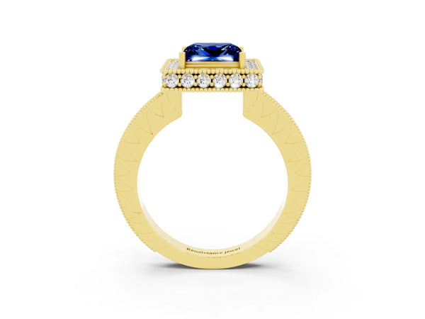 Yellow gold Princess Cut Halo Diamond Engagement Ring with Milgrain Pave Band and Four-Prong Setting