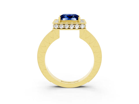 Yellow gold Princess Cut Halo Diamond Engagement Ring with Milgrain Pave Band and Four-Prong Setting_3
