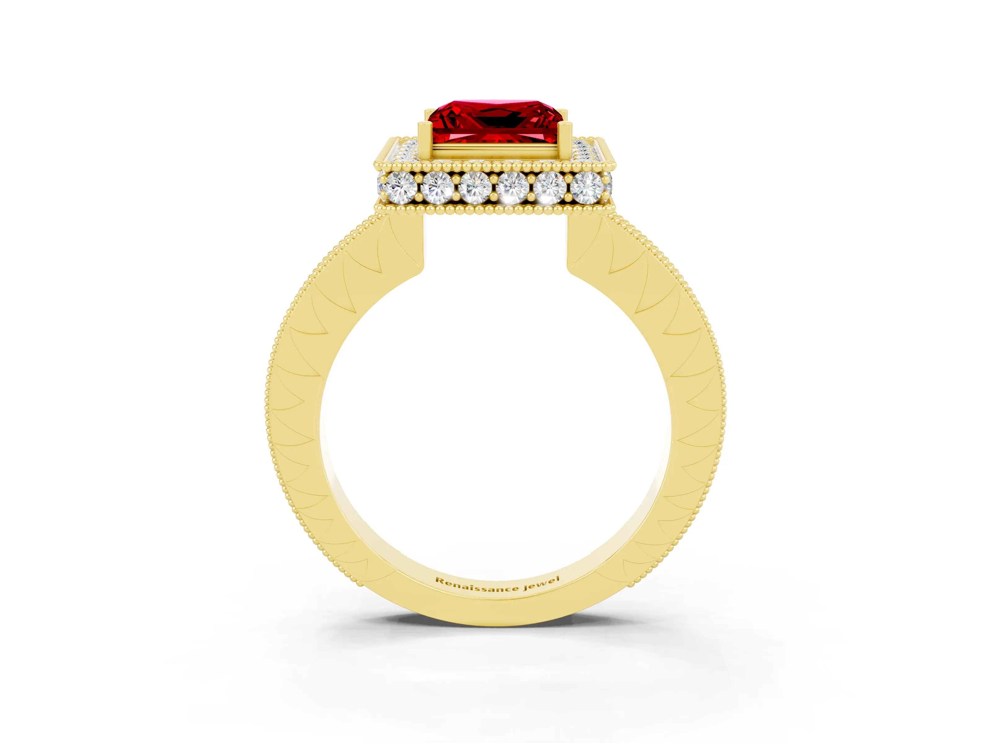 Yellow gold Princess Cut Halo Diamond Engagement Ring with Milgrain Pave Band and Four-Prong Setting_3