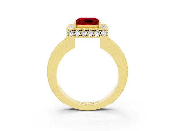 Yellow gold Princess Cut Halo Diamond Engagement Ring with Milgrain Pave Band and Four-Prong Setting