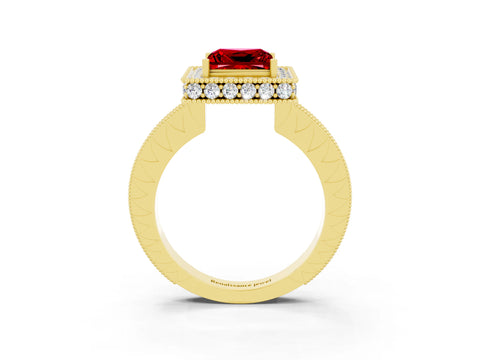 Yellow gold Princess Cut Halo Diamond Engagement Ring with Milgrain Pave Band and Four-Prong Setting_3