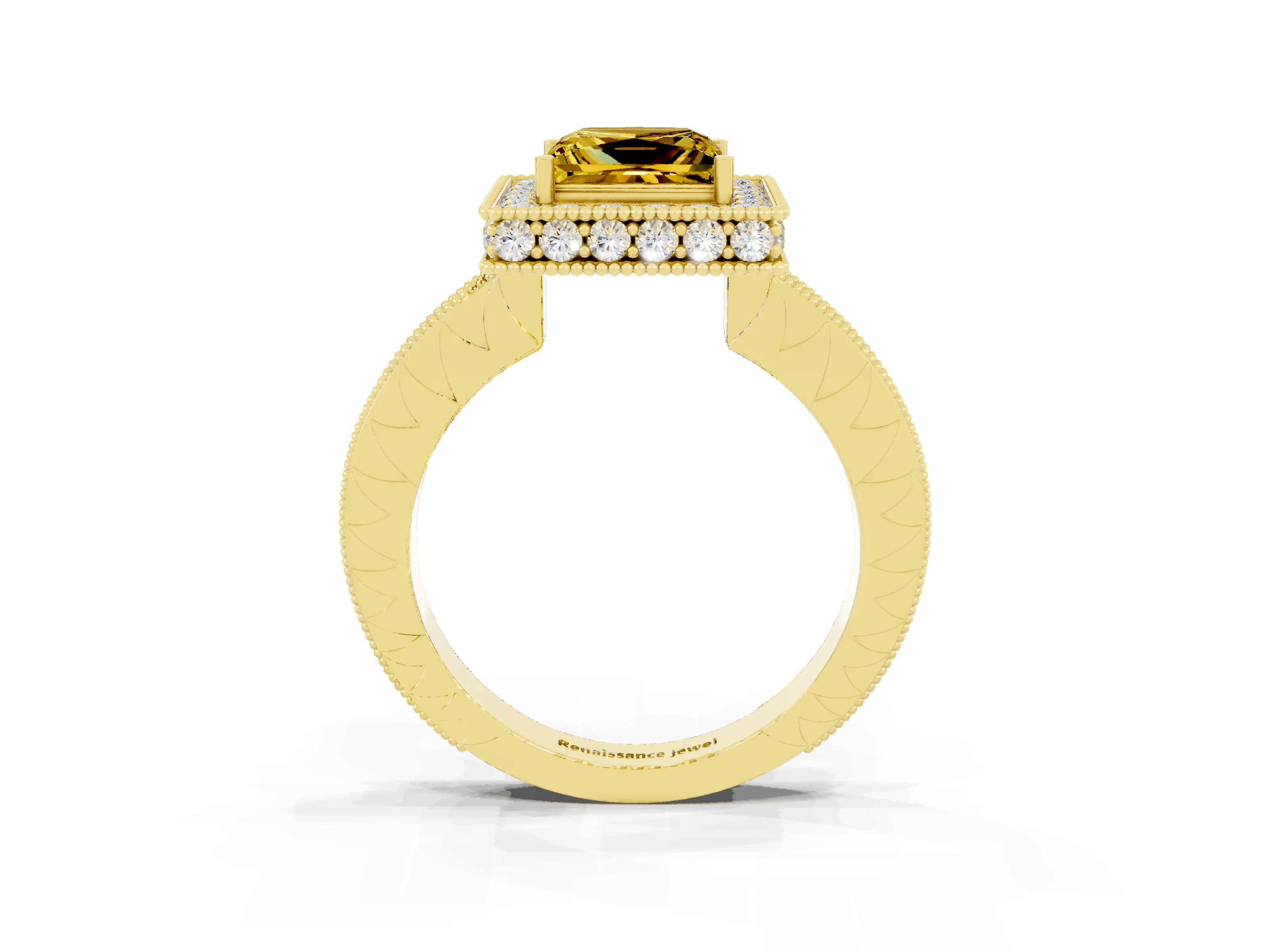 Yellow gold Princess Cut Halo Diamond Engagement Ring with Milgrain Pave Band and Four-Prong Setting_3