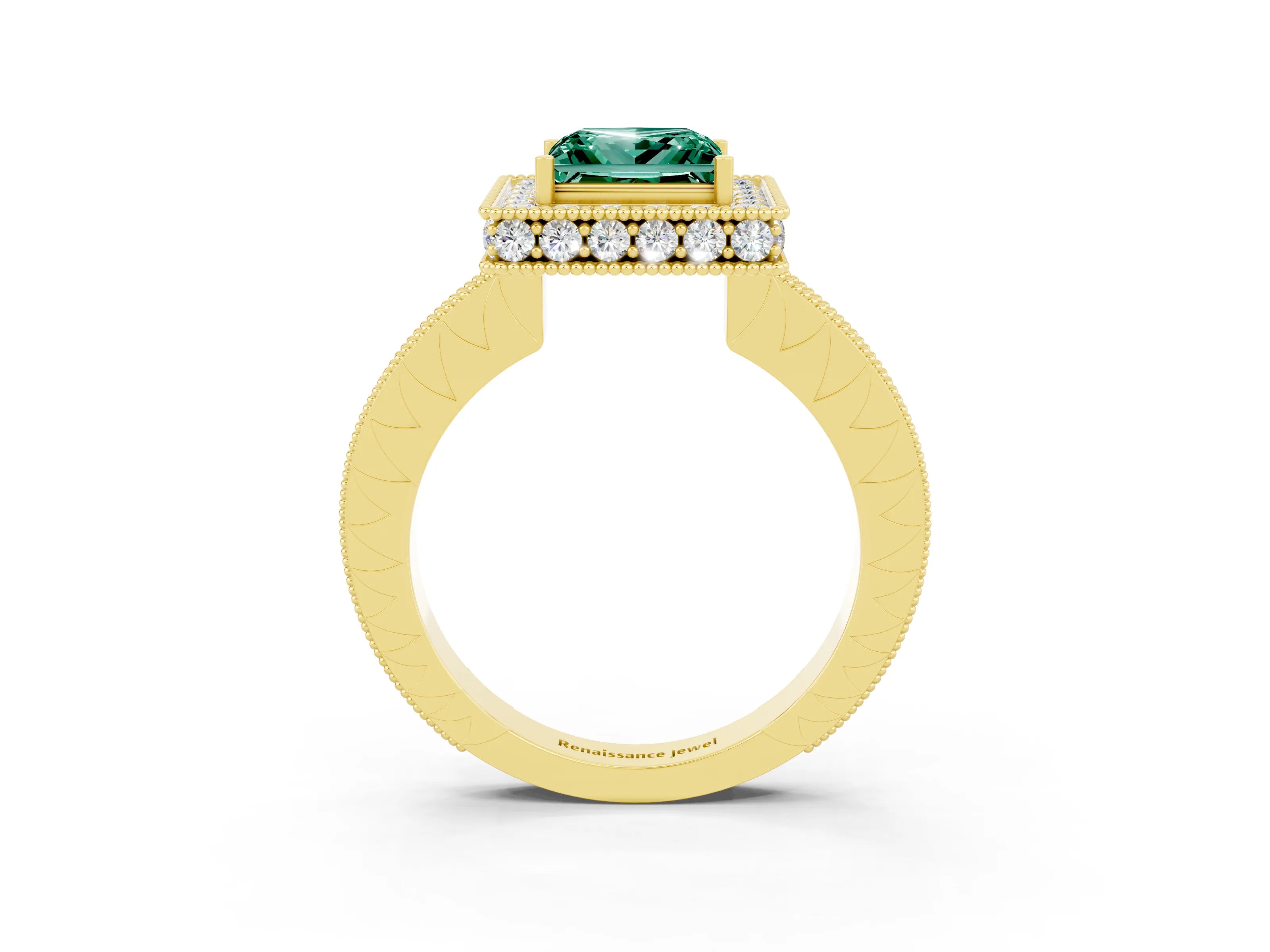 Yellow gold Princess Cut Halo Diamond Engagement Ring with Milgrain Pave Band and Four-Prong Setting_3
