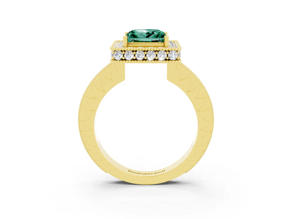 Yellow gold Princess Cut Halo Diamond Engagement Ring with Milgrain Pave Band and Four-Prong Setting