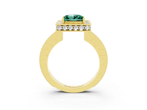 Yellow gold Princess Cut Halo Diamond Engagement Ring with Milgrain Pave Band and Four-Prong Setting_3