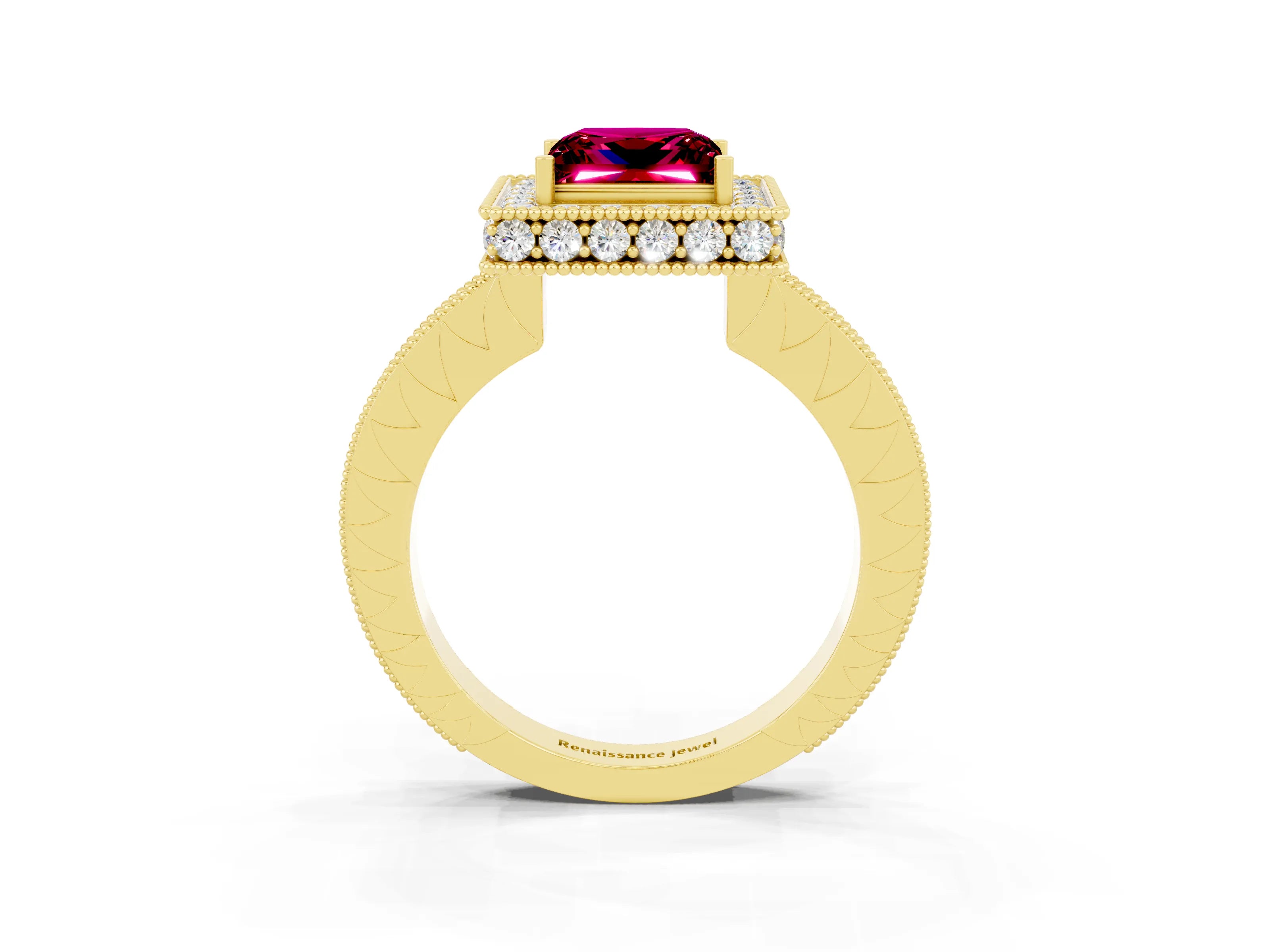 Yellow gold Princess Cut Halo Diamond Engagement Ring with Milgrain Pave Band and Four-Prong Setting_3