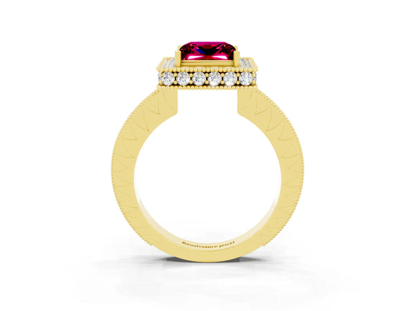 Yellow gold Princess Cut Halo Diamond Engagement Ring with Milgrain Pave Band and Four-Prong Setting