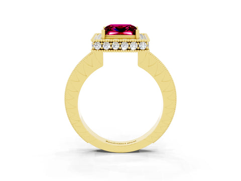 Yellow gold Princess Cut Halo Diamond Engagement Ring with Milgrain Pave Band and Four-Prong Setting_3