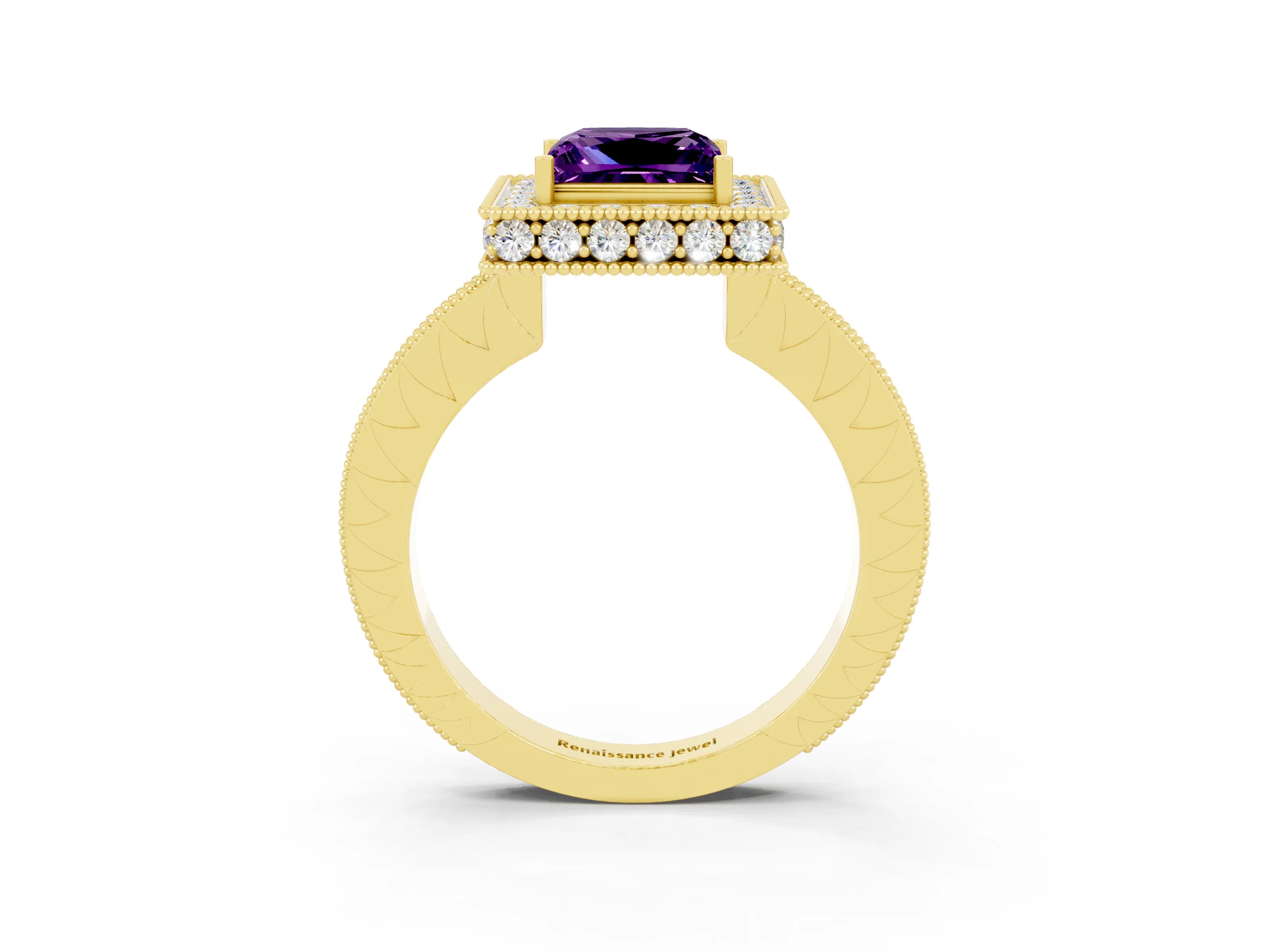 Yellow gold Princess Cut Halo Diamond Engagement Ring with Milgrain Pave Band and Four-Prong Setting_3