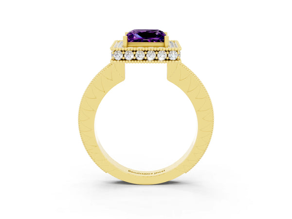 Yellow gold Princess Cut Amethyst Milgrain Halo Engagement Ring with Round Pavé Band and Prong Setting