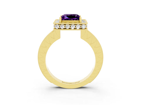 Yellow gold Princess Cut Halo Diamond Engagement Ring with Milgrain Pave Band and Four-Prong Setting_3