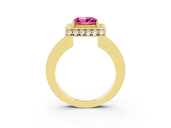 Yellow gold Princess Cut Halo Diamond Engagement Ring with Milgrain Pave Band and Four-Prong Setting