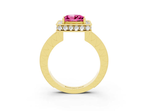 Yellow gold Princess Cut Halo Diamond Engagement Ring with Milgrain Pave Band and Four-Prong Setting_3