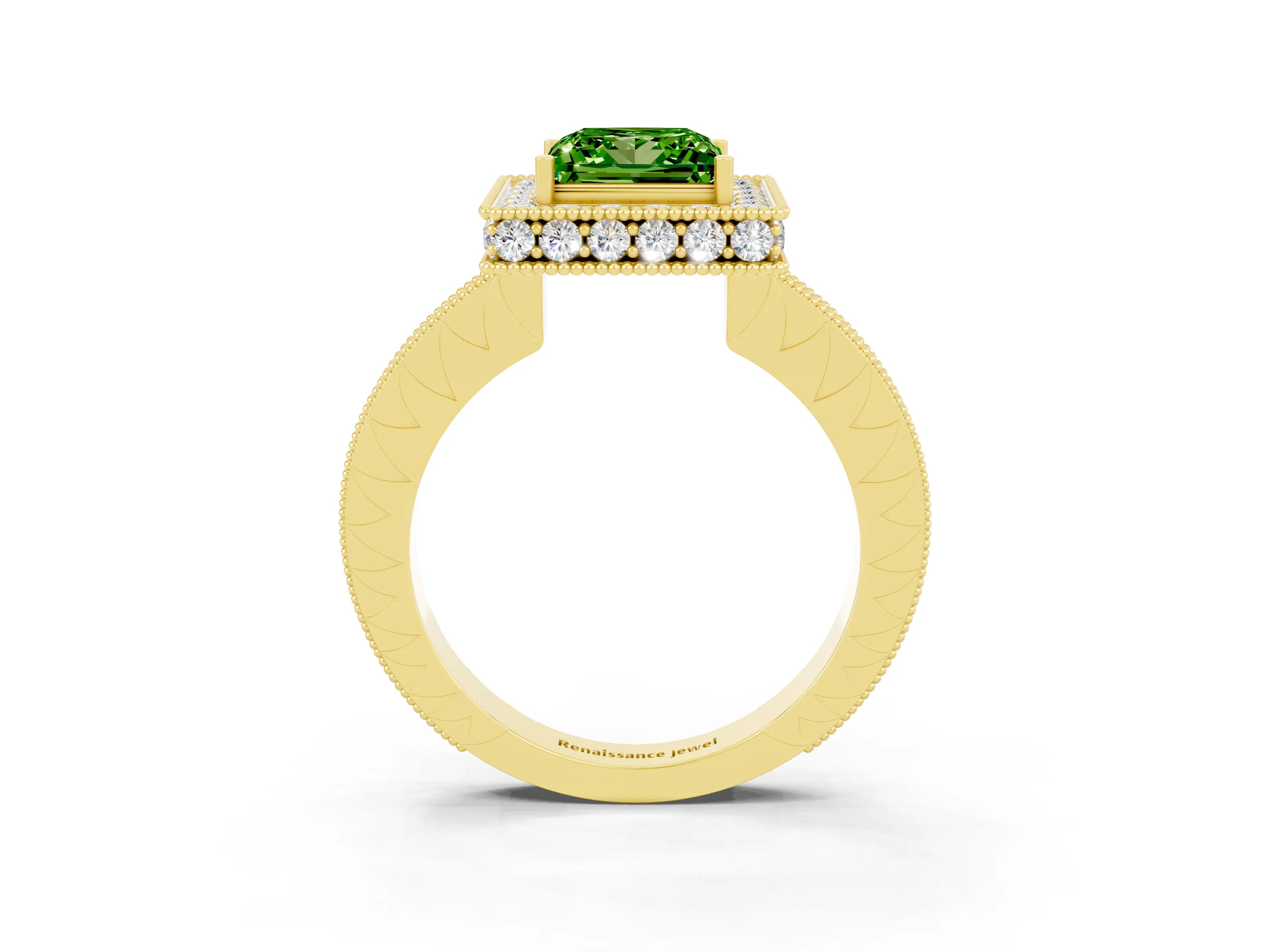 Yellow gold Princess Cut Halo Diamond Engagement Ring with Milgrain Pave Band and Four-Prong Setting_3