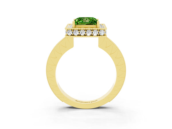 Yellow gold Princess Cut Halo Diamond Engagement Ring with Milgrain Pave Band and Four-Prong Setting