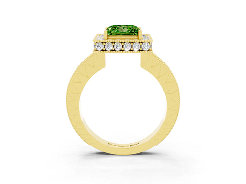 Yellow gold Princess Cut Halo Diamond Engagement Ring with Milgrain Pave Band and Four-Prong Setting_3