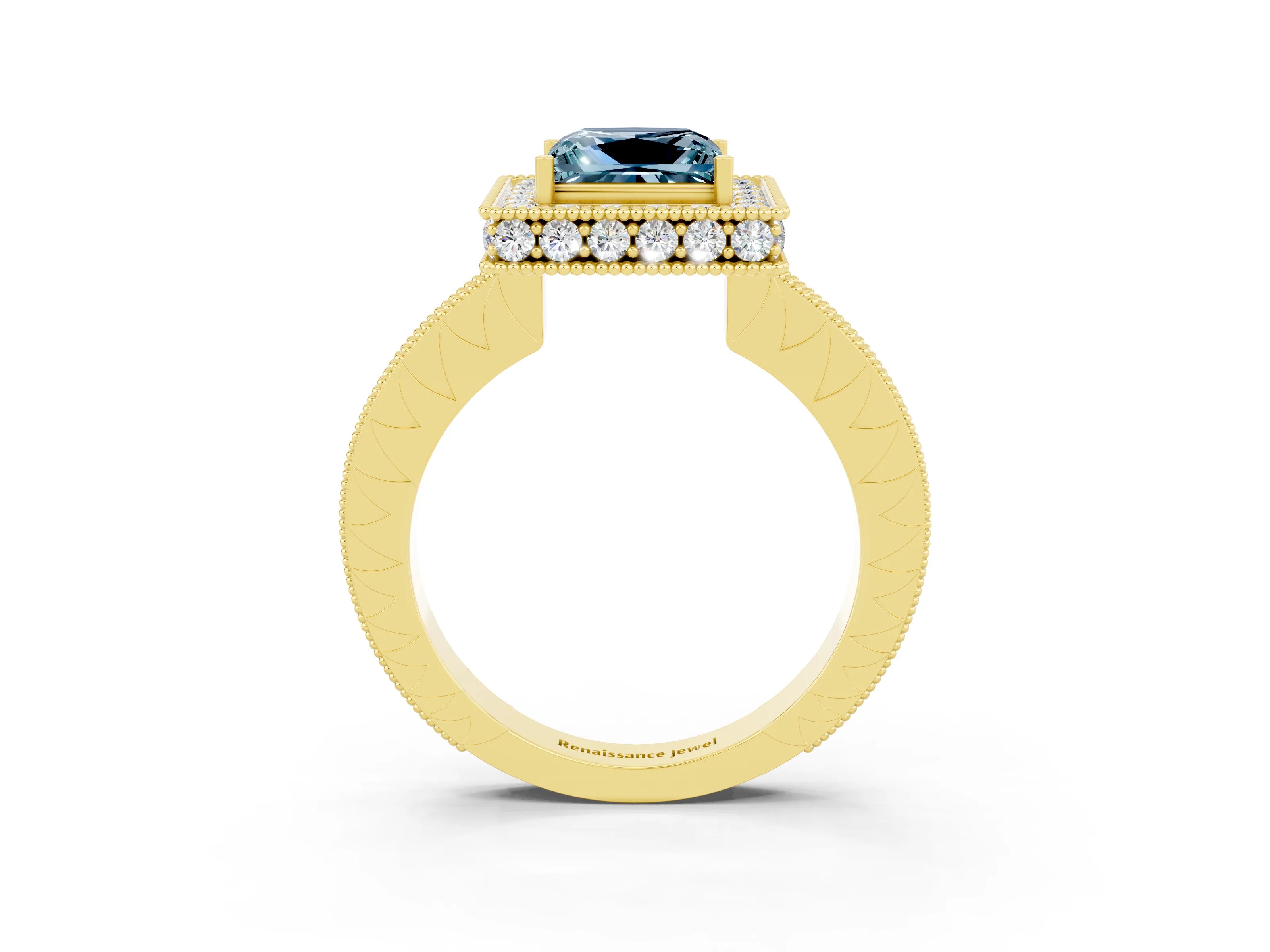 Yellow gold Princess Cut Halo Diamond Engagement Ring with Milgrain Pave Band and Four-Prong Setting_3