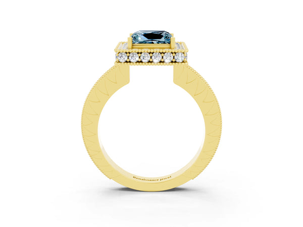 Yellow gold Princess Cut Halo Diamond Engagement Ring with Milgrain Pave Band and Four-Prong Setting