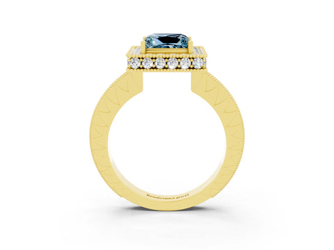 Yellow gold Princess Cut Halo Diamond Engagement Ring with Milgrain Pave Band and Four-Prong Setting_3