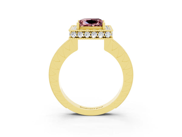 Yellow gold Princess Cut Halo Diamond Engagement Ring with Milgrain Pave Band and Four-Prong Setting