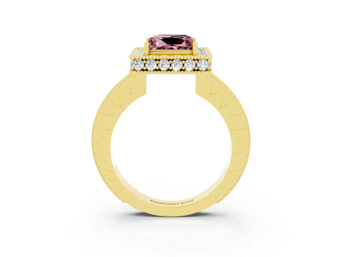 Yellow gold Princess Cut Halo Diamond Engagement Ring with Milgrain Pave Band and Four-Prong Setting_3