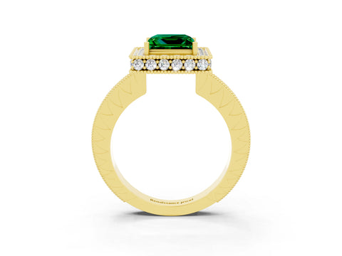 Yellow gold Princess Cut Halo Diamond Engagement Ring with Milgrain Pave Band and Four-Prong Setting_3