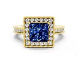 Yellow gold Princess Cut Halo Diamond Engagement Ring with Milgrain Pave Band and Four-Prong Setting