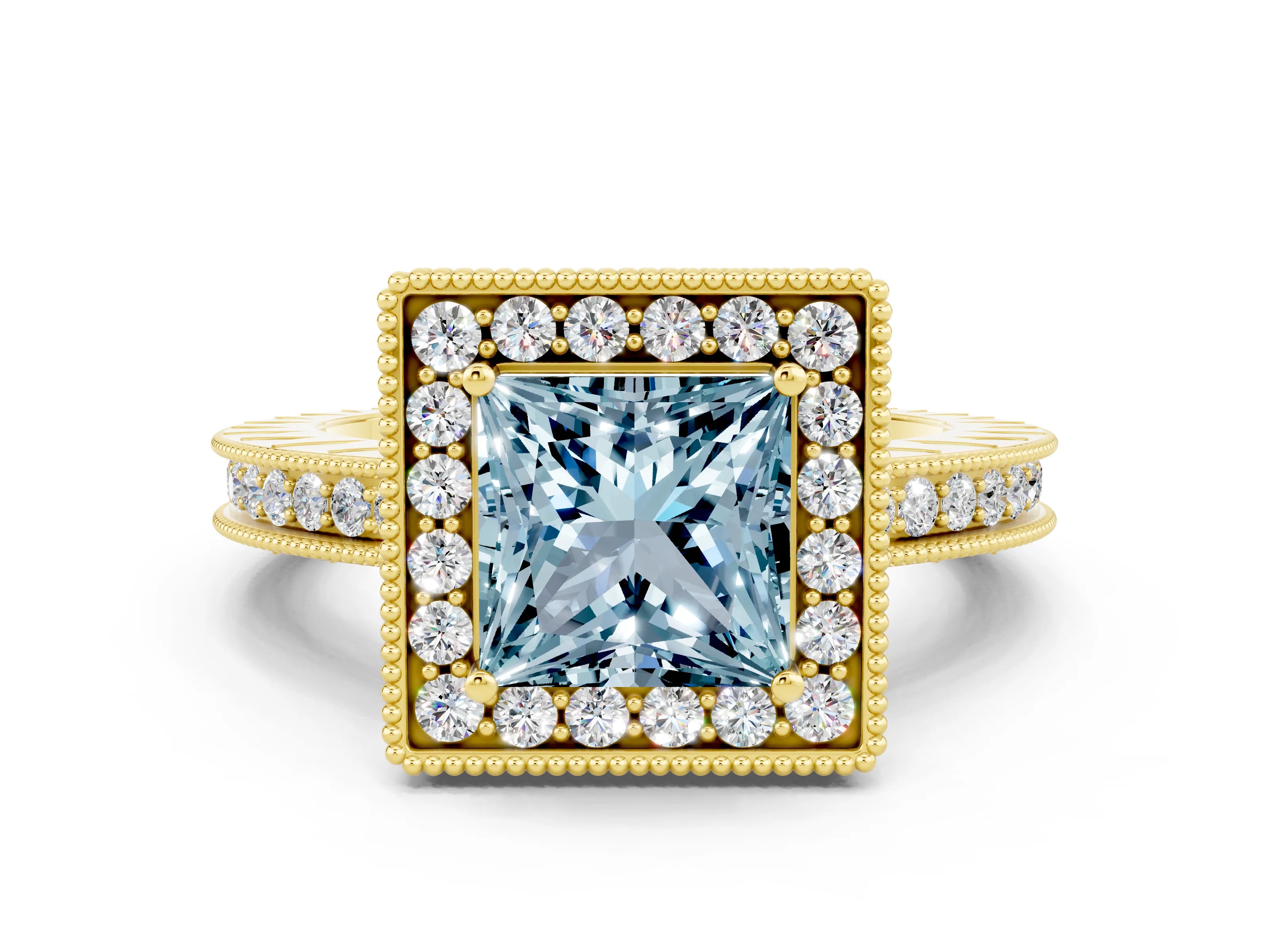 Yellow gold Princess Cut Halo Diamond Engagement Ring with Milgrain Pave Band and Four-Prong Setting