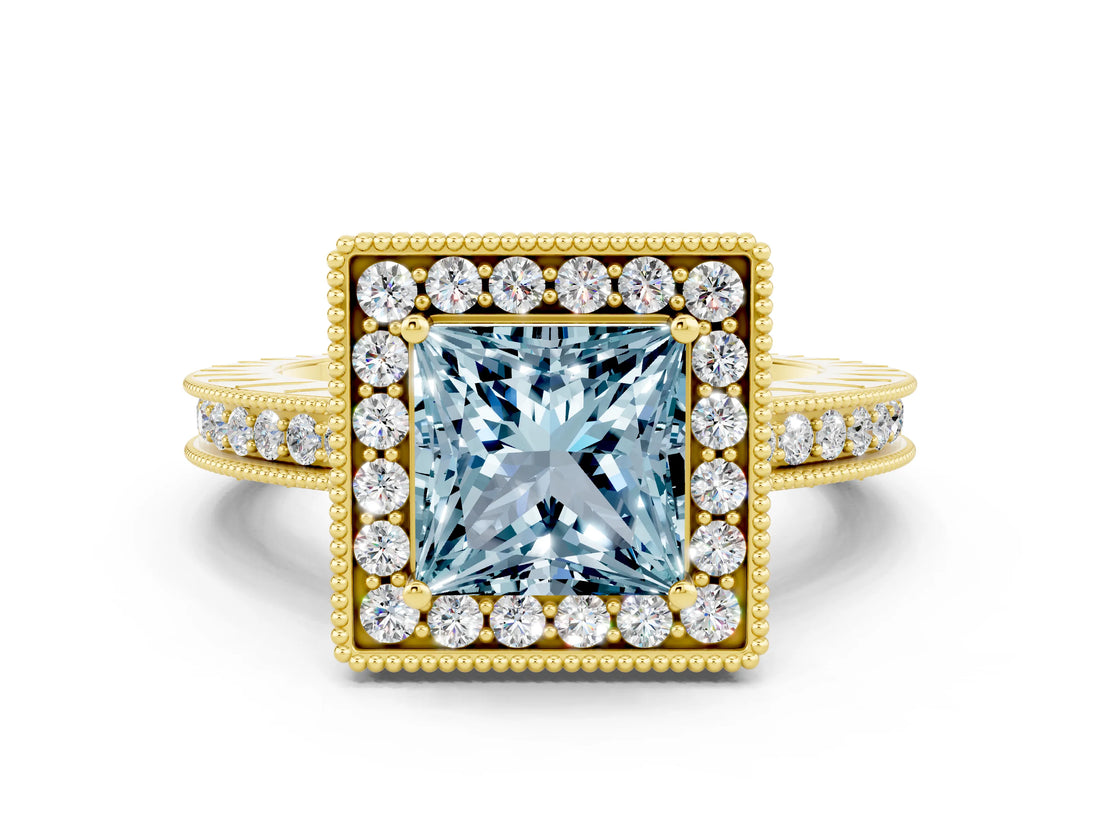 Yellow gold Princess Cut Halo Diamond Engagement Ring with Milgrain Pave Band and Four-Prong Setting