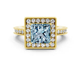 Yellow gold Princess Cut Halo Diamond Engagement Ring with Milgrain Pave Band and Four-Prong Setting