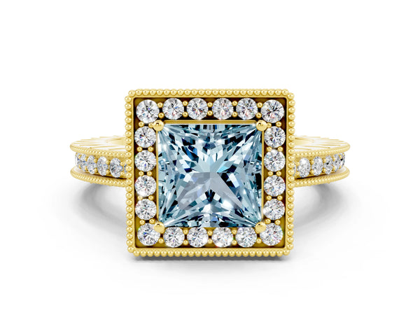 Yellow gold Princess Cut Halo Diamond Engagement Ring with Milgrain Pave Band and Four-Prong Setting