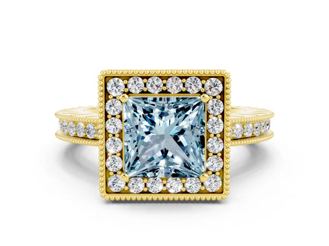 Yellow gold Princess Cut Halo Diamond Engagement Ring with Milgrain Pave Band and Four-Prong Setting