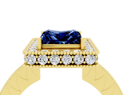Yellow gold Princess Cut Halo Diamond Engagement Ring with Milgrain Pave Band and Four-Prong Setting_4