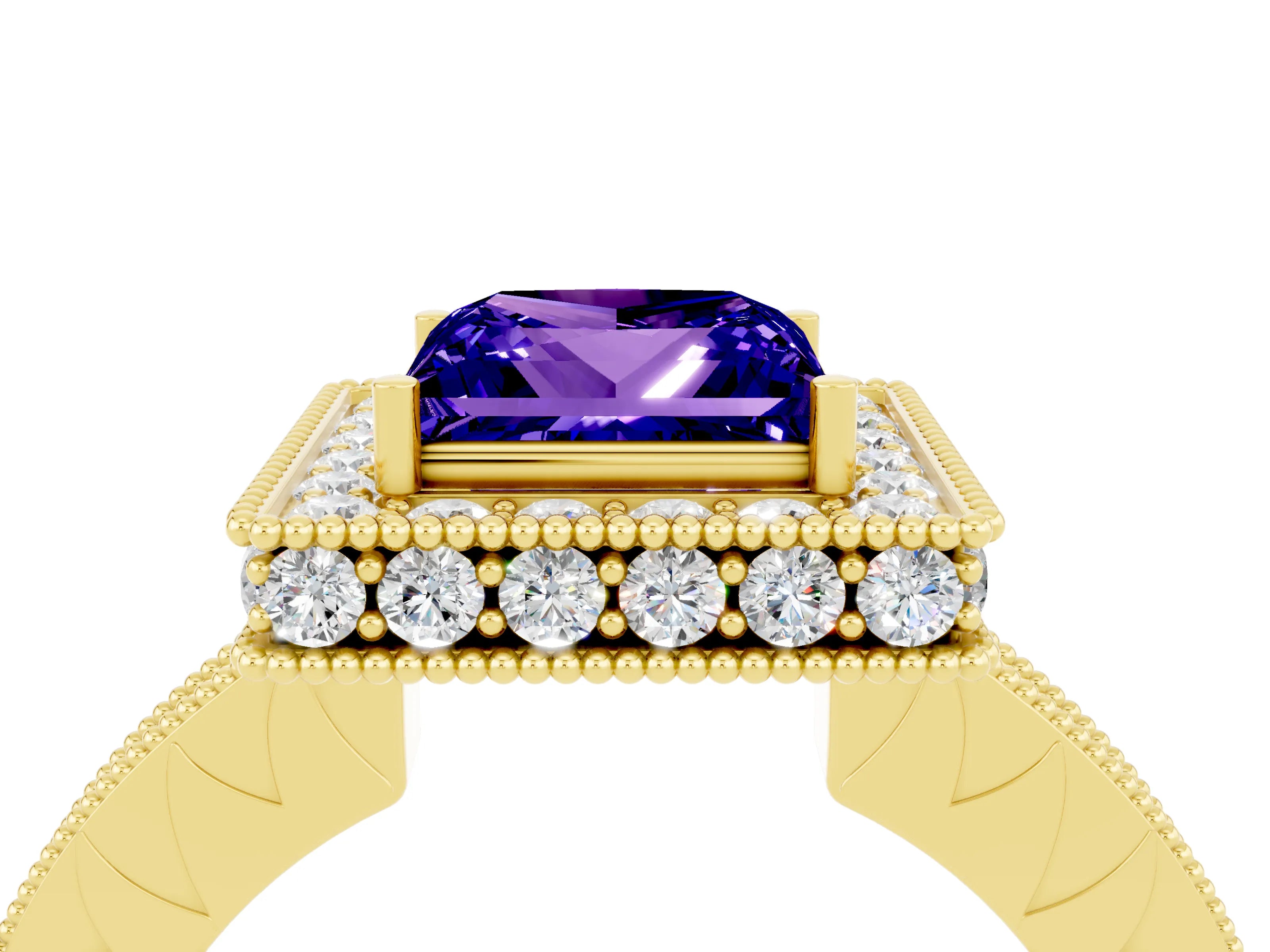 Yellow gold Princess Cut Halo Diamond Engagement Ring with Milgrain Pave Band and Four-Prong Setting_4