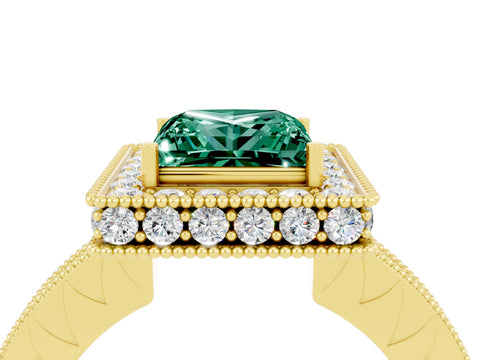 Yellow gold Princess Cut Halo Diamond Engagement Ring with Milgrain Pave Band and Four-Prong Setting_4