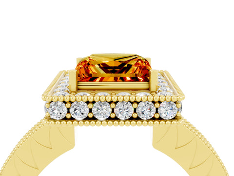 Yellow gold Princess Cut Halo Diamond Engagement Ring with Milgrain Pave Band and Four-Prong Setting_4