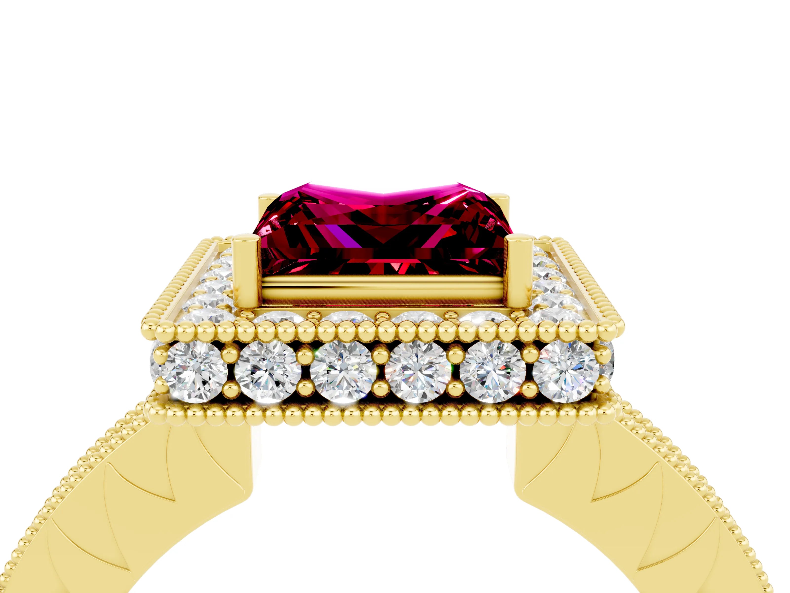 Yellow gold Princess Cut Halo Diamond Engagement Ring with Milgrain Pave Band and Four-Prong Setting_4