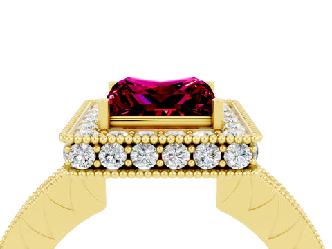 Yellow gold Princess Cut Halo Diamond Engagement Ring with Milgrain Pave Band and Four-Prong Setting_4