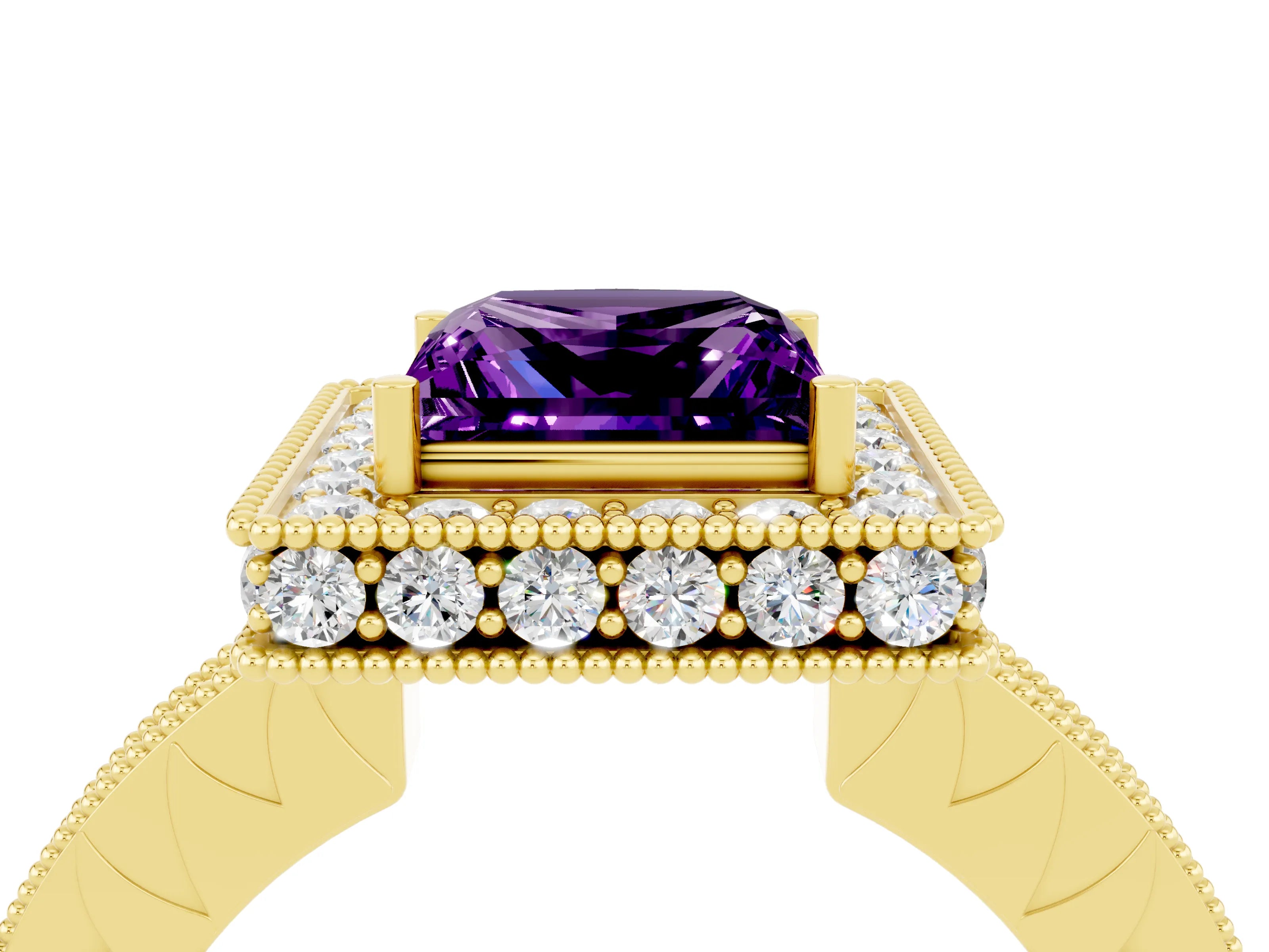 Yellow gold Princess Cut Halo Diamond Engagement Ring with Milgrain Pave Band and Four-Prong Setting_4