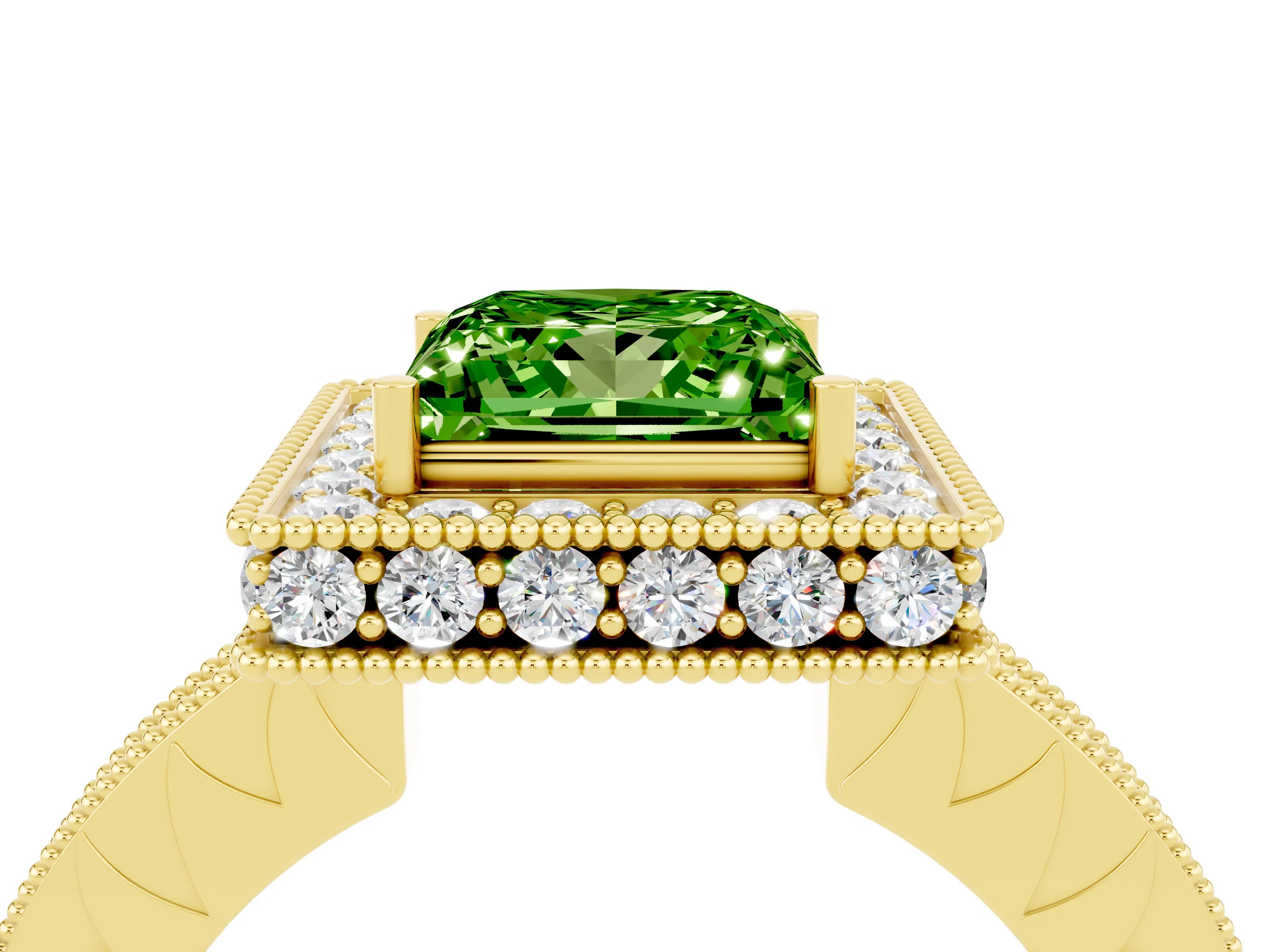 Yellow gold Princess Cut Halo Diamond Engagement Ring with Milgrain Pave Band and Four-Prong Setting_4