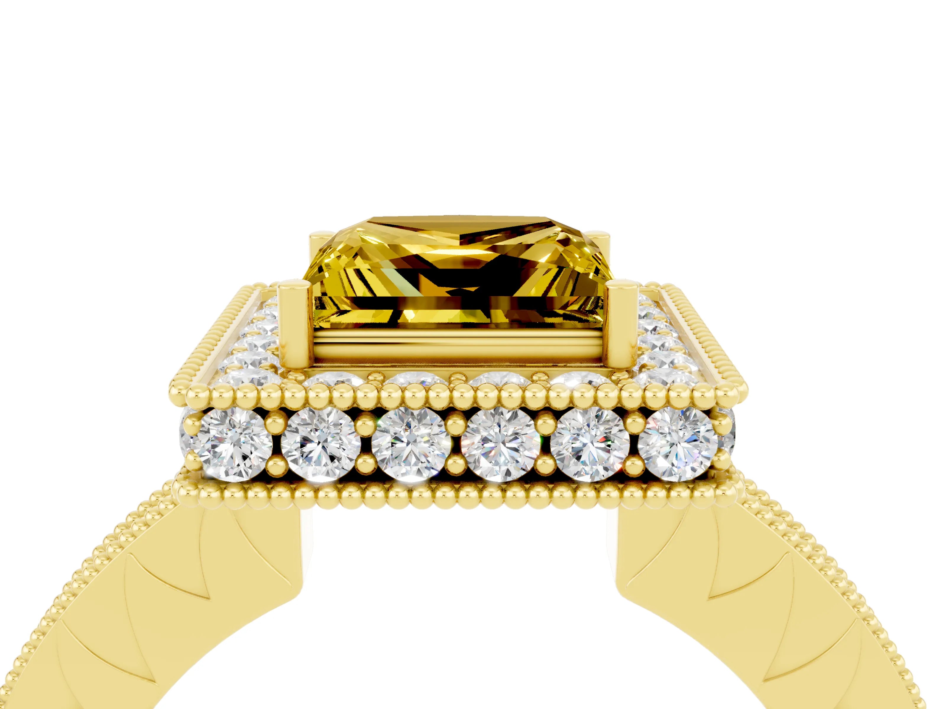 Yellow gold Princess Cut Halo Diamond Engagement Ring with Milgrain Pave Band and Four-Prong Setting_4
