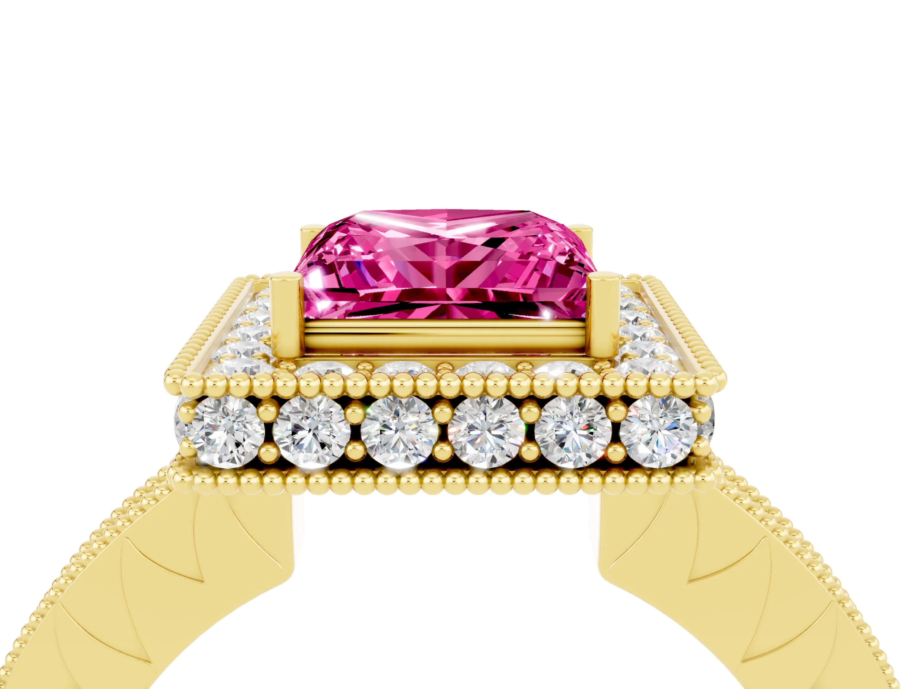 Yellow gold Princess Cut Halo Diamond Engagement Ring with Milgrain Pave Band and Four-Prong Setting_4