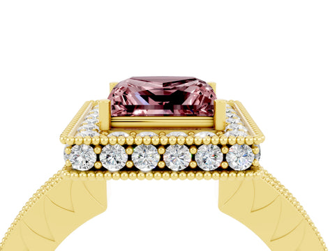 Yellow gold Princess Cut Halo Diamond Engagement Ring with Milgrain Pave Band and Four-Prong Setting_4