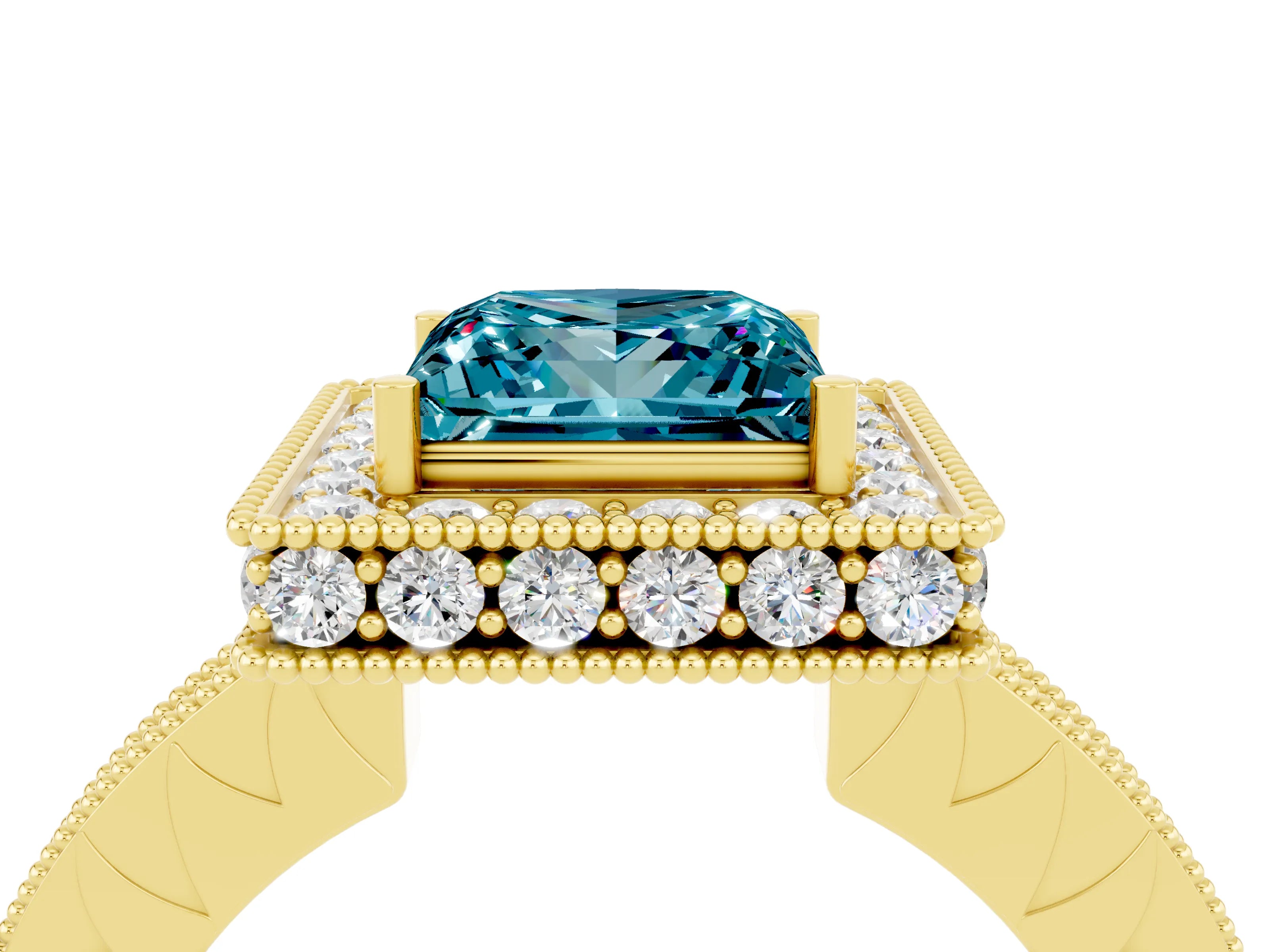 Yellow gold Princess Cut Halo Diamond Engagement Ring with Milgrain Pave Band and Four-Prong Setting_4
