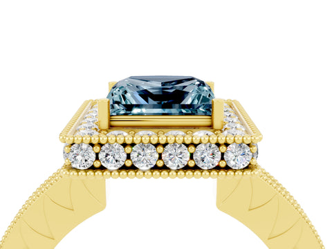 Yellow gold Princess Cut Halo Diamond Engagement Ring with Milgrain Pave Band and Four-Prong Setting_4
