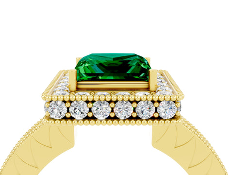 Yellow gold Princess Cut Halo Diamond Engagement Ring with Milgrain Pave Band and Four-Prong Setting_4