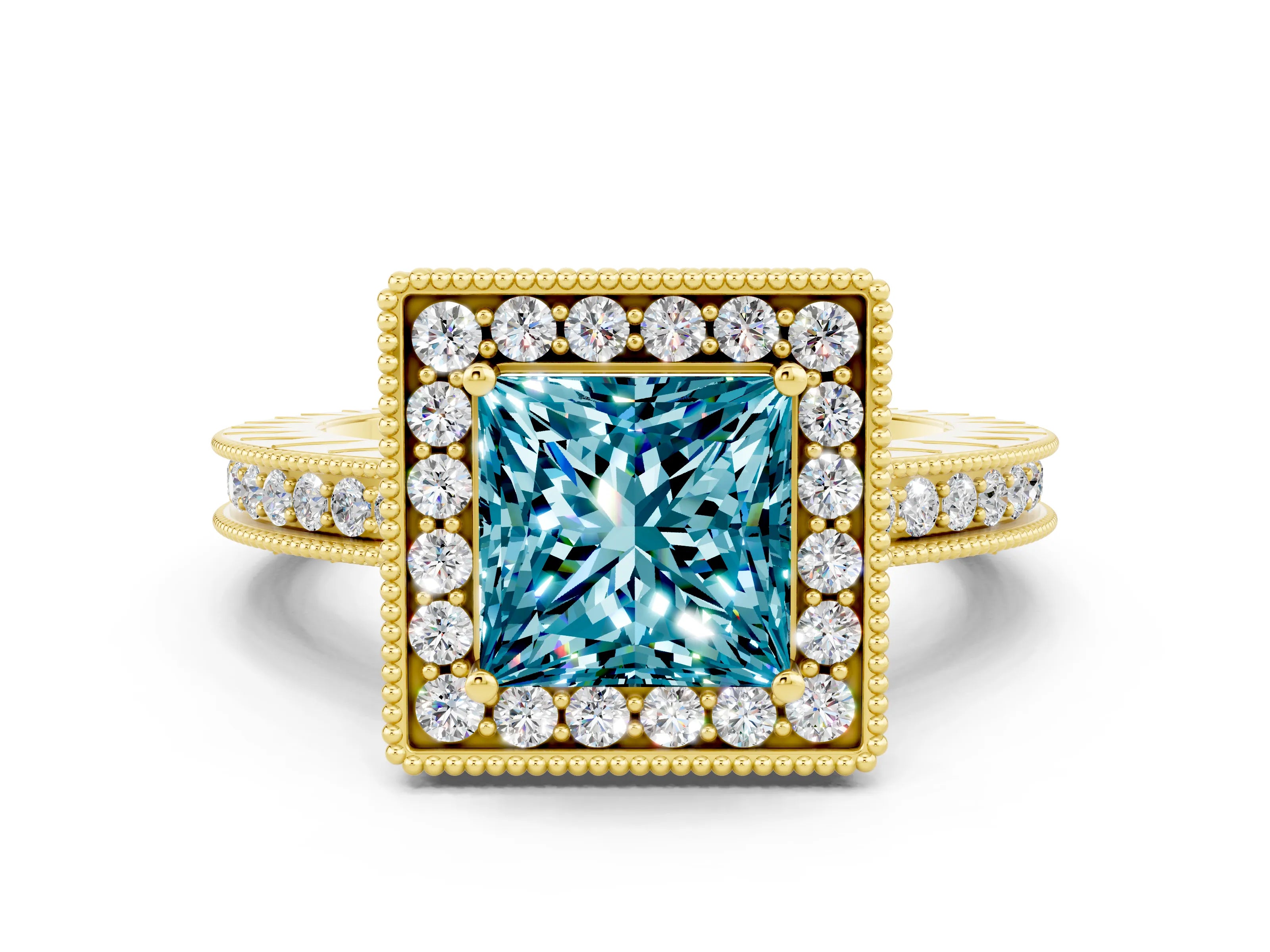 Yellow gold Princess Cut Halo Diamond Engagement Ring with Milgrain Pave Band and Four-Prong Setting